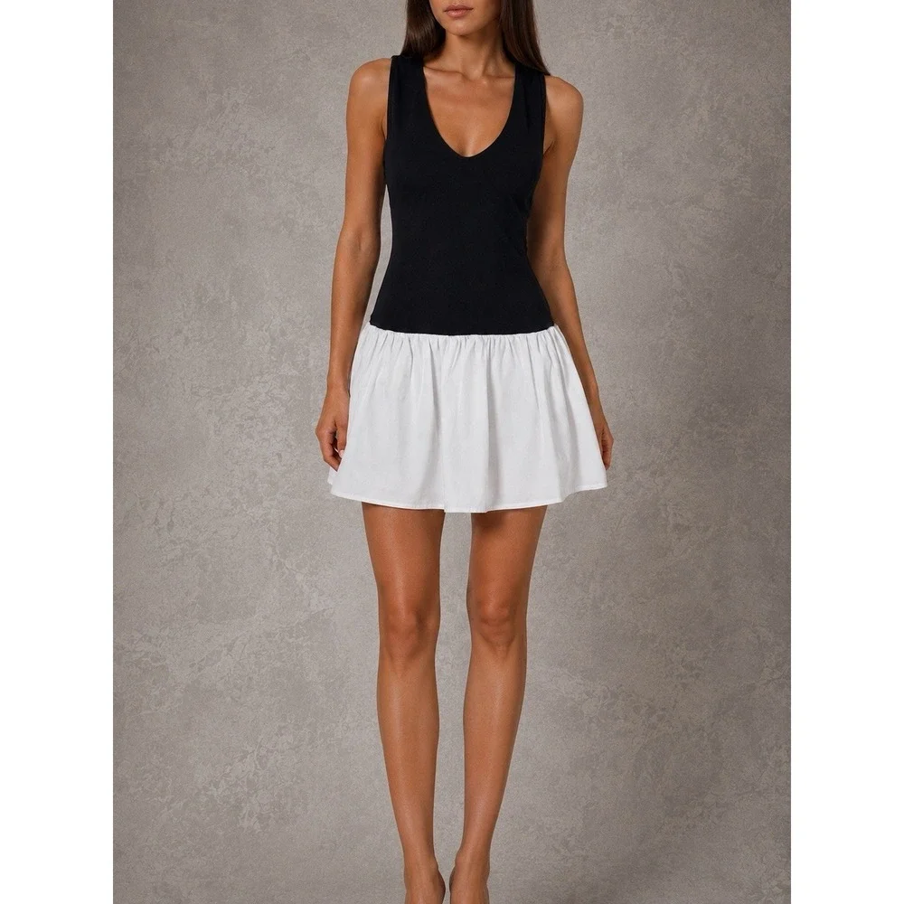 Reformation Alyssa Knit Mini Dress Womens Medium Black White Drop Waist Tank